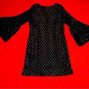 New York and Company- Black Velvet Dress w/ Silver Diagonal Lines & Bell Sleeves